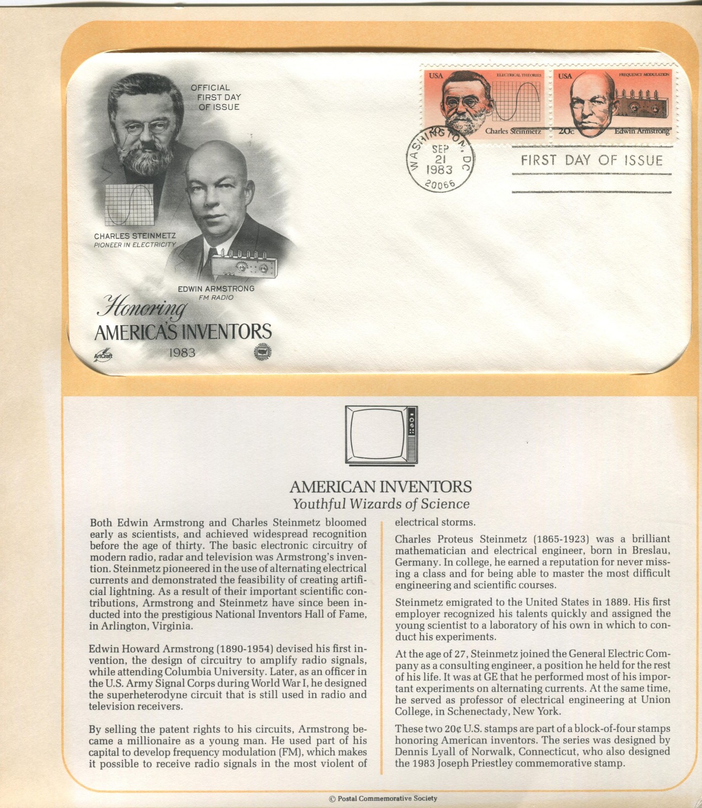 Primary image for Sep 21 1983 Amer Inventors Steinmetz Armstrong #2055-56 FDC PCS Artcraft Mounted