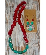 Was $150 - On SALE  $115 Genuine Turquoise & Red Coral Necklace & Earrings - $115.00