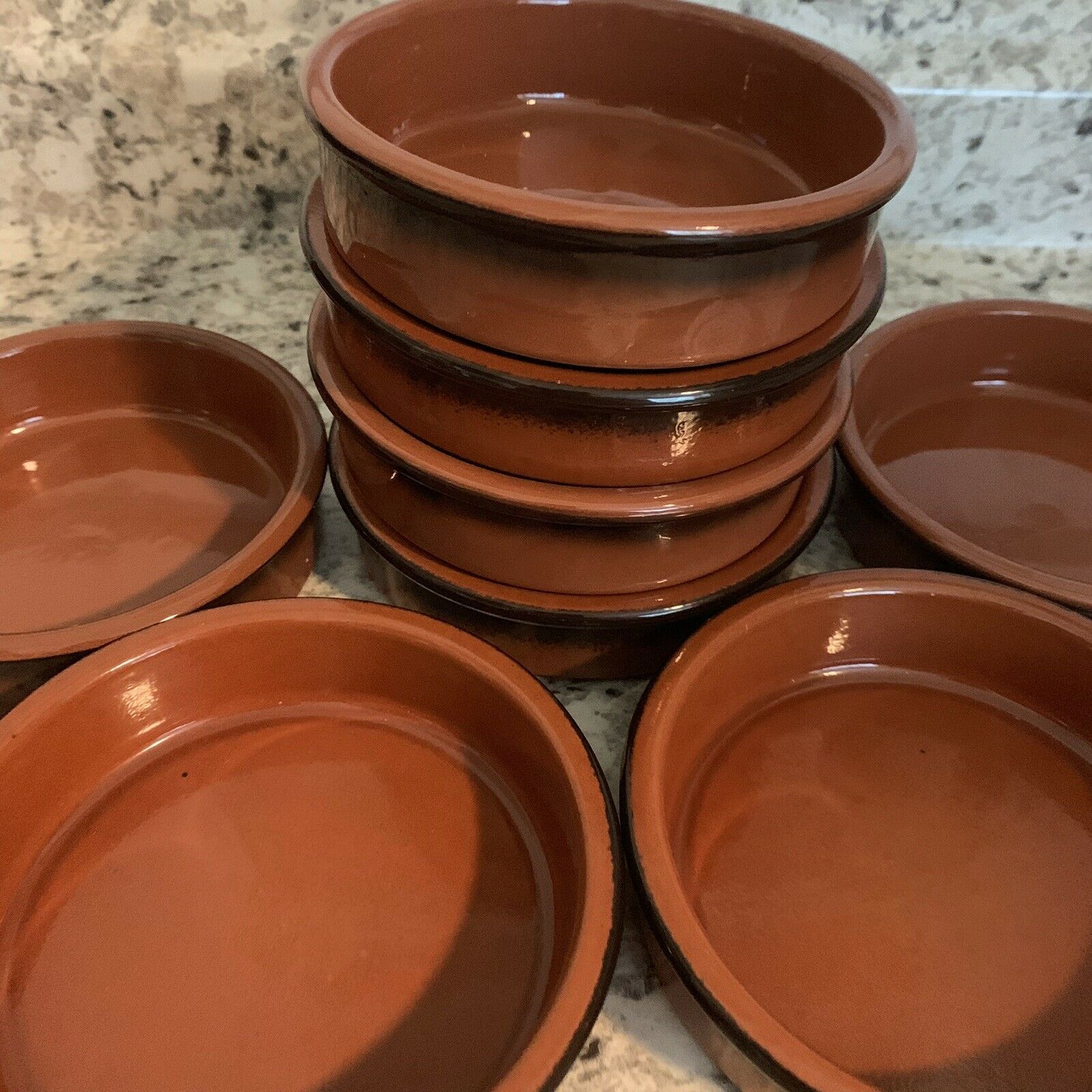 CERMER glazed FLAN DISH RAMEKIN reddish brown clay bowls, SET OF 4 Plates
