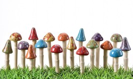 Mushroom Stakes for Planters or Garden Toadstool Set of 18 Ceramic Multi-color - $148.49