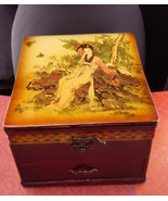 Chinese Painted Jewelry Box - Asian Geisha - Oriental Mirror trinket cas... - $125.00