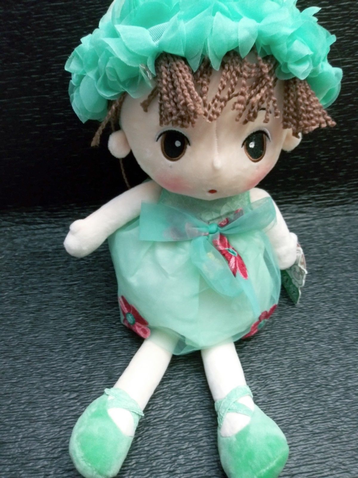 Anime Girl Doll Plush 19" HWD Stuffed Green Dress Brown Hair Yarn - Other