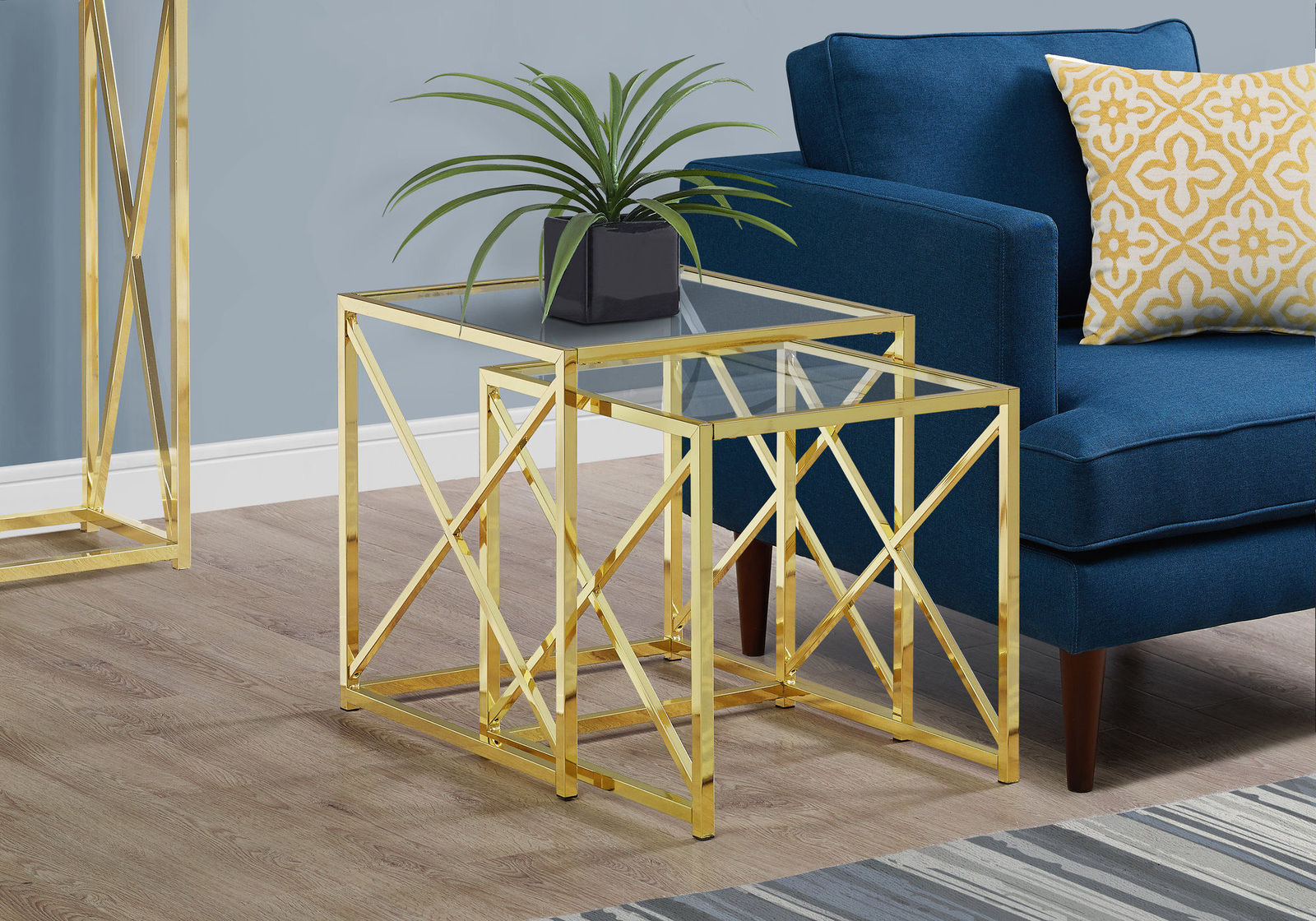 38 Gold Metal and Tempered Glass Two Pieces Nesting Table Set