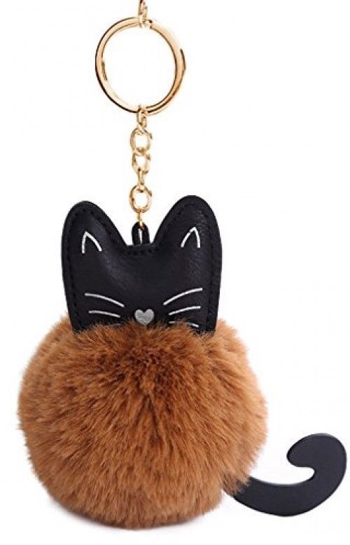 Youngate Mini Cat Shape Cute Kitty Rabbit Fur Pompom Keychain Phone Ornament
