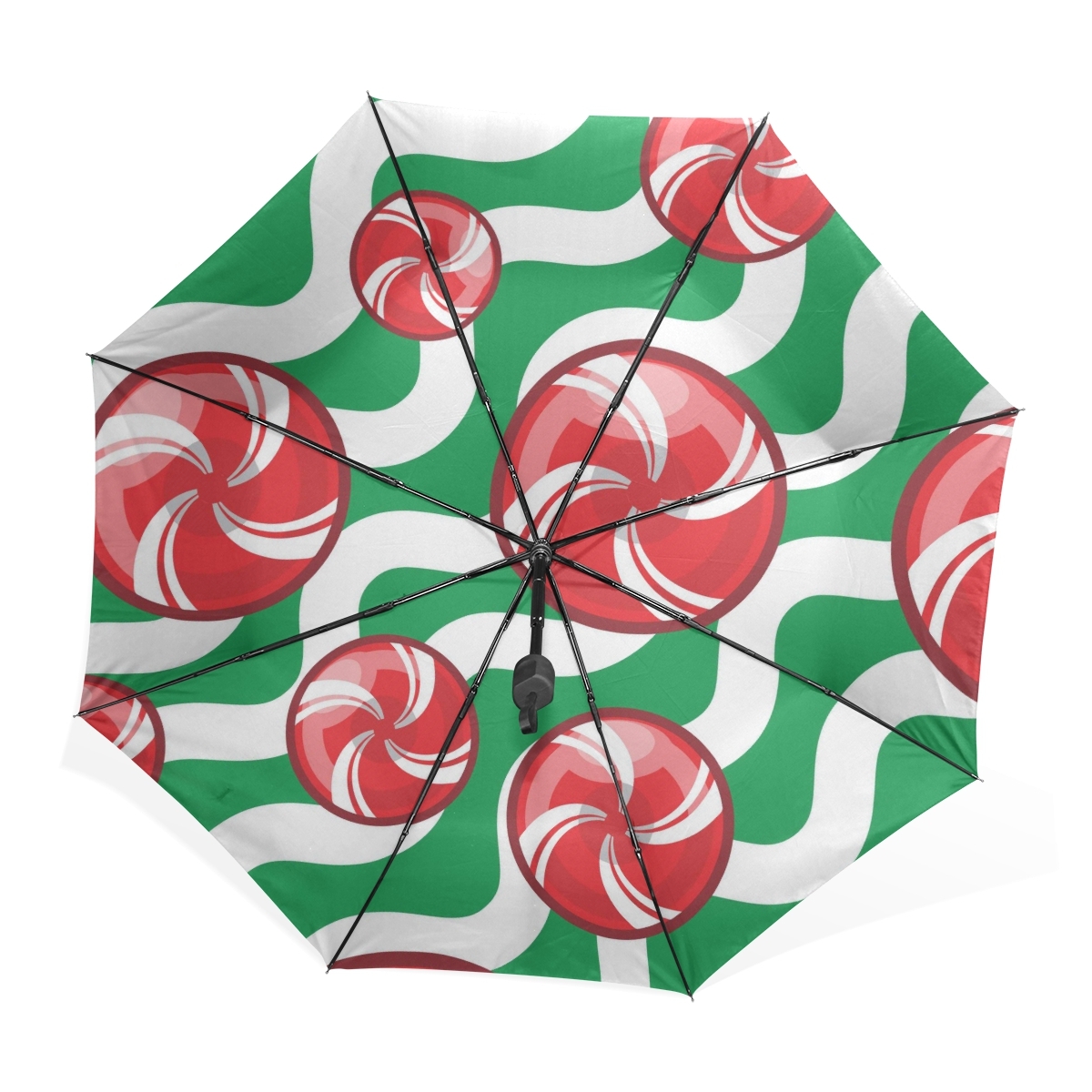 Christmas Candy Cane Sweet Candies Black Portable Compact Folding Umbrella Light Controls