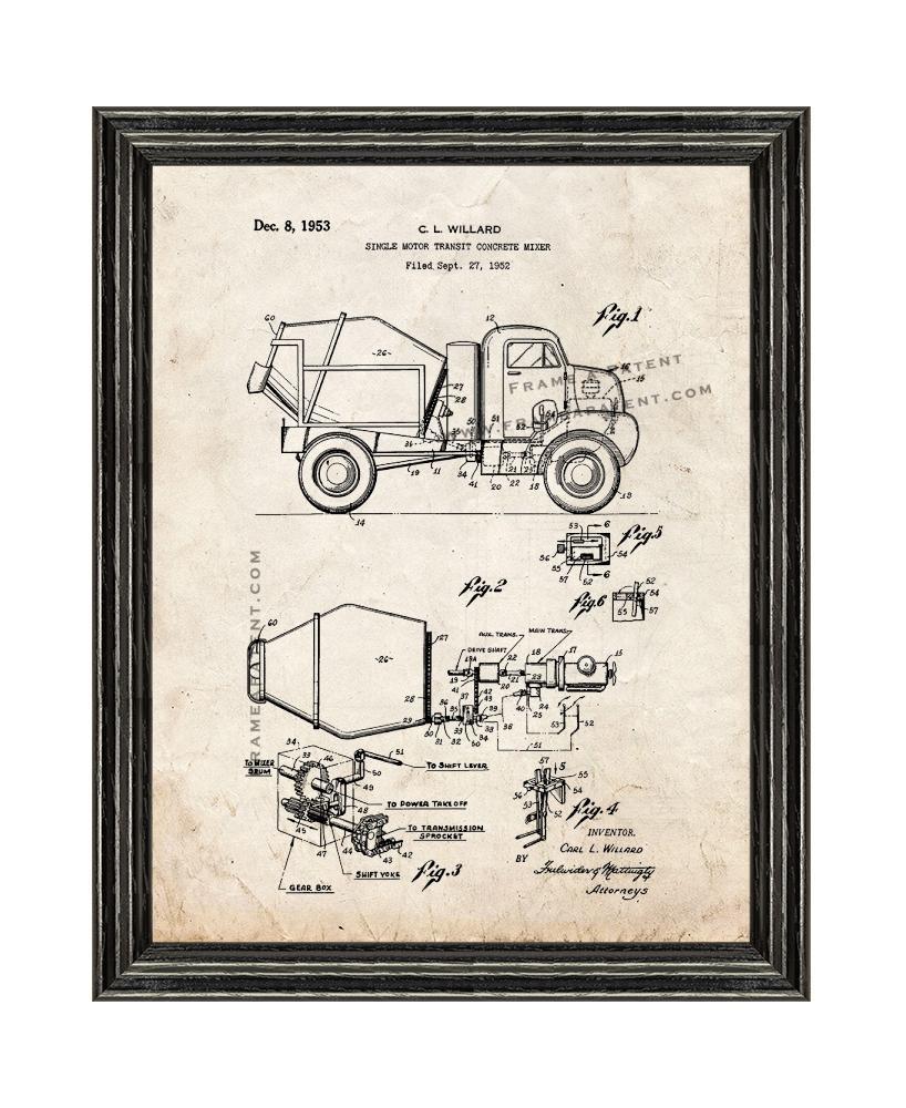 Single Motor Transit Concrete Mixer Patent Print Old Look with Black Wood Frame