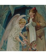 Santa Claus in Brown Coat Reading List, Angel Helper Antique Christmas Postcard - $26.95