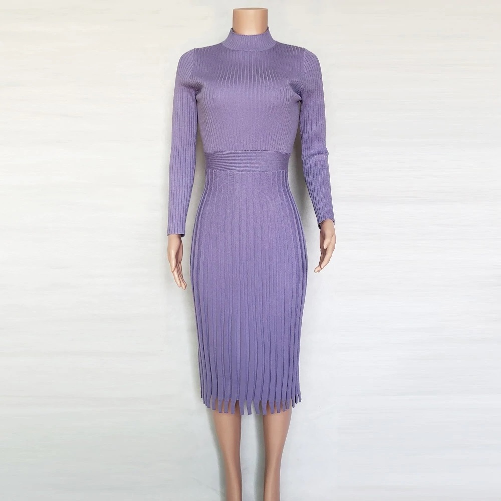 New fuchsia pink knitted ribbed long sleeve pleated midi length women