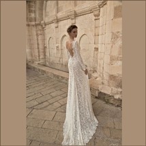 White Floral Sheer Stretch Lace Long Sleeve Transparent V Neck Long Night Gown 