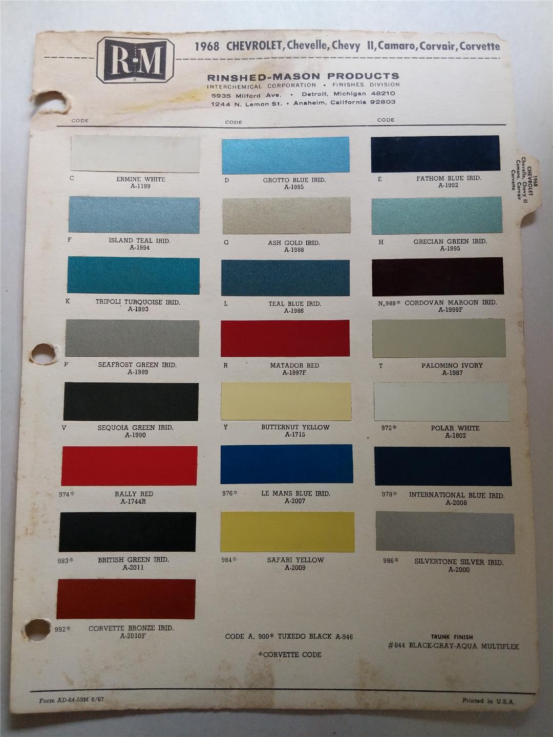 1968 CHEVROLET Original RM RINSHED-MASON Automotive Paint Color Chart ...