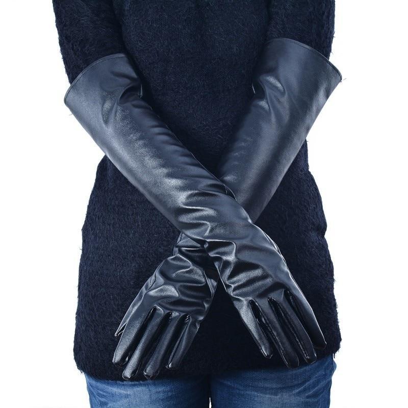 Women's Faux Leather Elbow Gloves Long Gloves Lined Finger Gloves