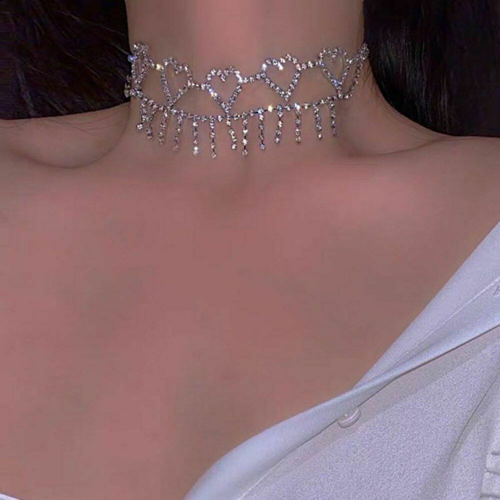 Primary image for New Korea Fashion Luxury Rhinestone Heart Tassel Choker Necklace For Women Bling