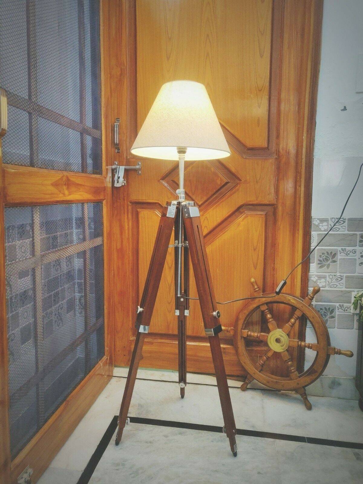 Nautical Vintage Floor Lamp Shade Wooden Tripod Stand Home Office Corner Decor