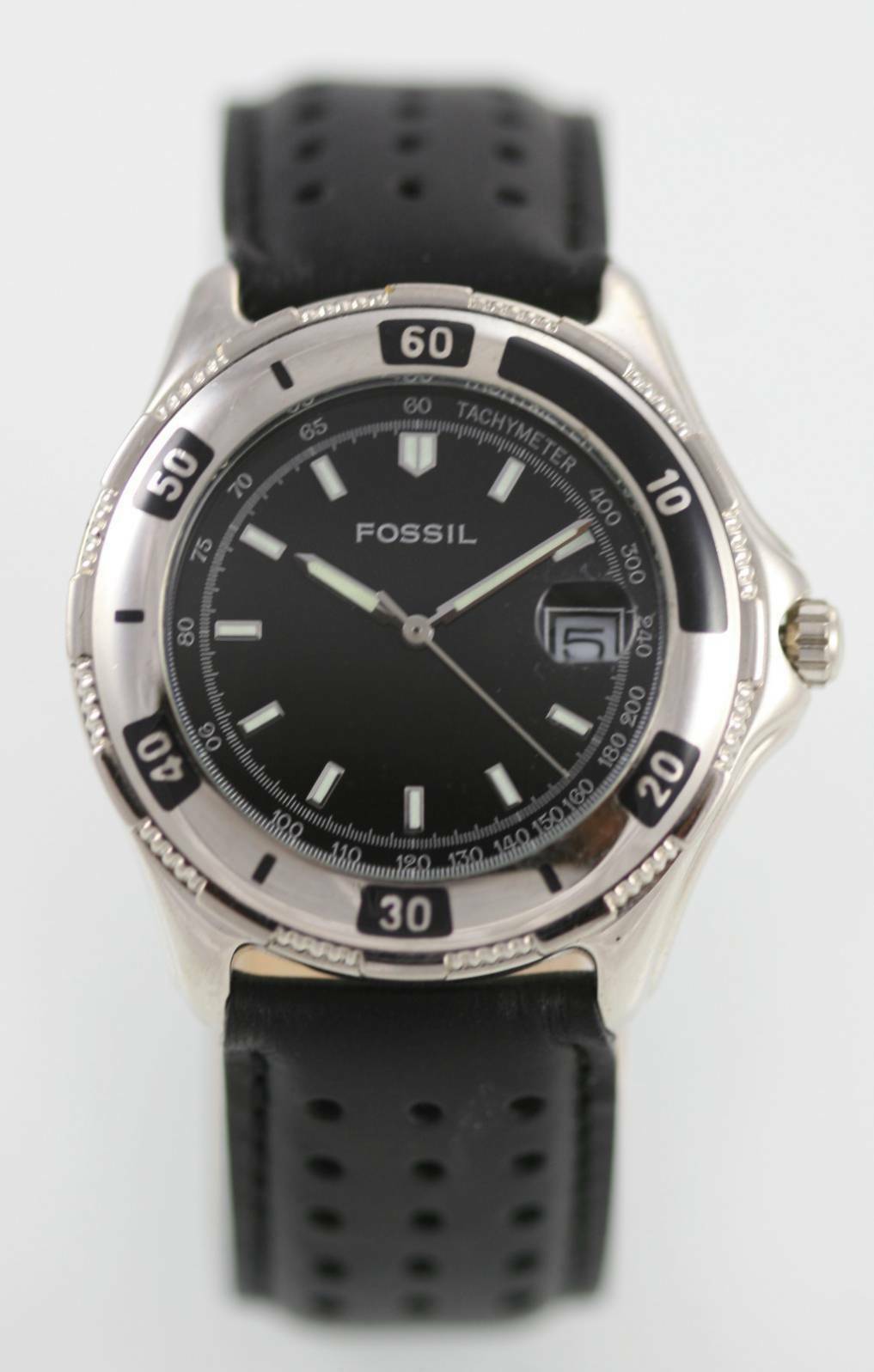 Fossil Watch Mens Stainless Silver Date Black Leather 30m Water