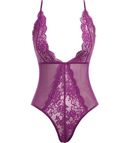 Lace Women Lingerie Teddy One Piece Lace Babydoll Bodysuit Purple XL - Teddies