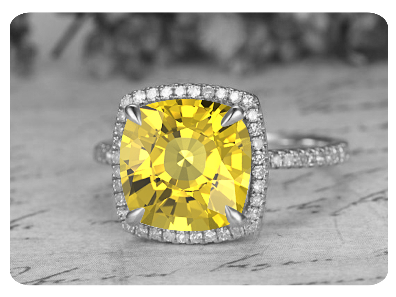 9mm Cushion Cut Yellow Sapphire .925 Sterling Silver Anniversary HALO Ring