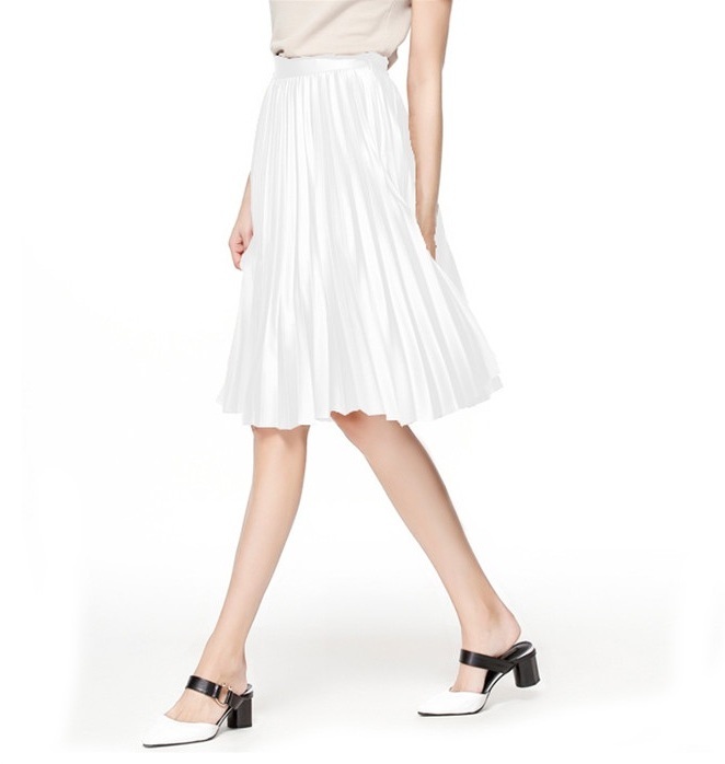 New white pleated satin midi knee length women skirt spring summer ...