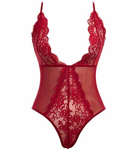 Lace Lingerie for Women Teddy One Piece Lace Babydoll Bodysuit Wine Red XL - Teddies