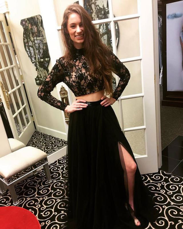 Sexy Two Piece Split Side Black Long Prom Dresses with Long Sleeves
