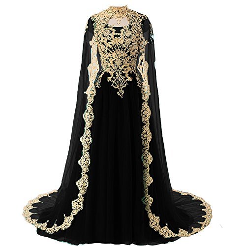 Plus Size Gold Lace Vintage Long Prom Evening Dress Wedding Gown with Cape Red U