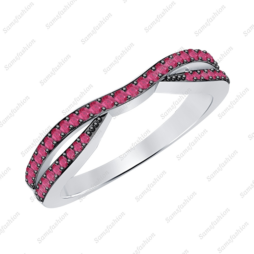 0.65ct .925 Sterling Silver Round Ruby Ladies Wedding Guard Contour Band Ring