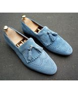 Handmade Men Blue Suede Wing Tip Brogues style Loafer Shoes Size US 13 Only - $149.99