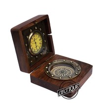 England Vintage Wooden Box Table Clock With Compass Office Study Desk Gift Watch - $17.93