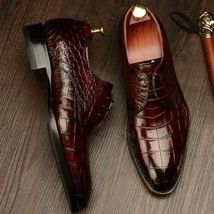 Handmade Men&#39;s Cowhide Crocodile Burgundy Leather Oxford Shoes Formal Dr... - $128.69+