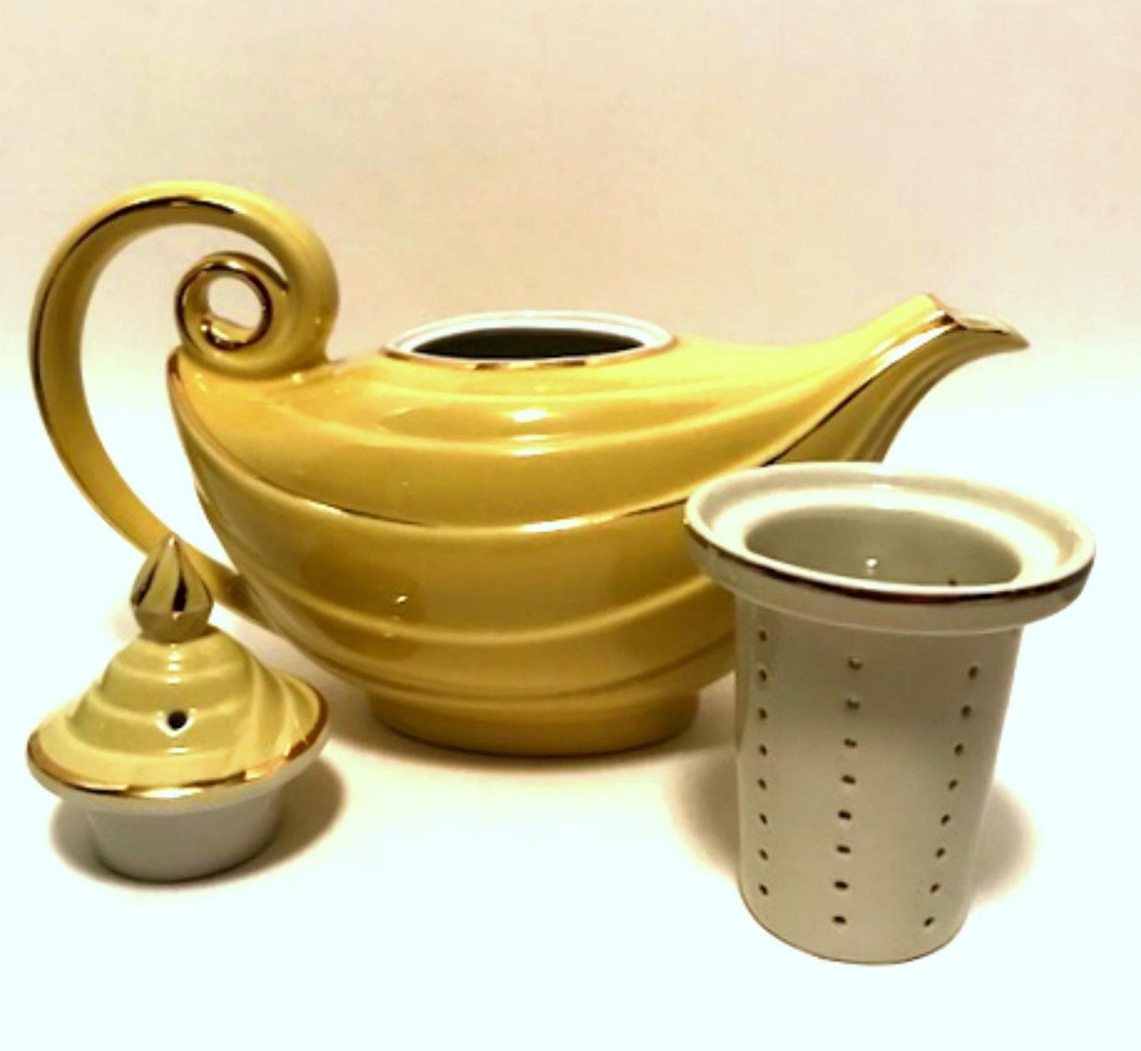 Vintage Hall Aladdin Teapot Canary Yellow with Infuser & Lid Gold Trim