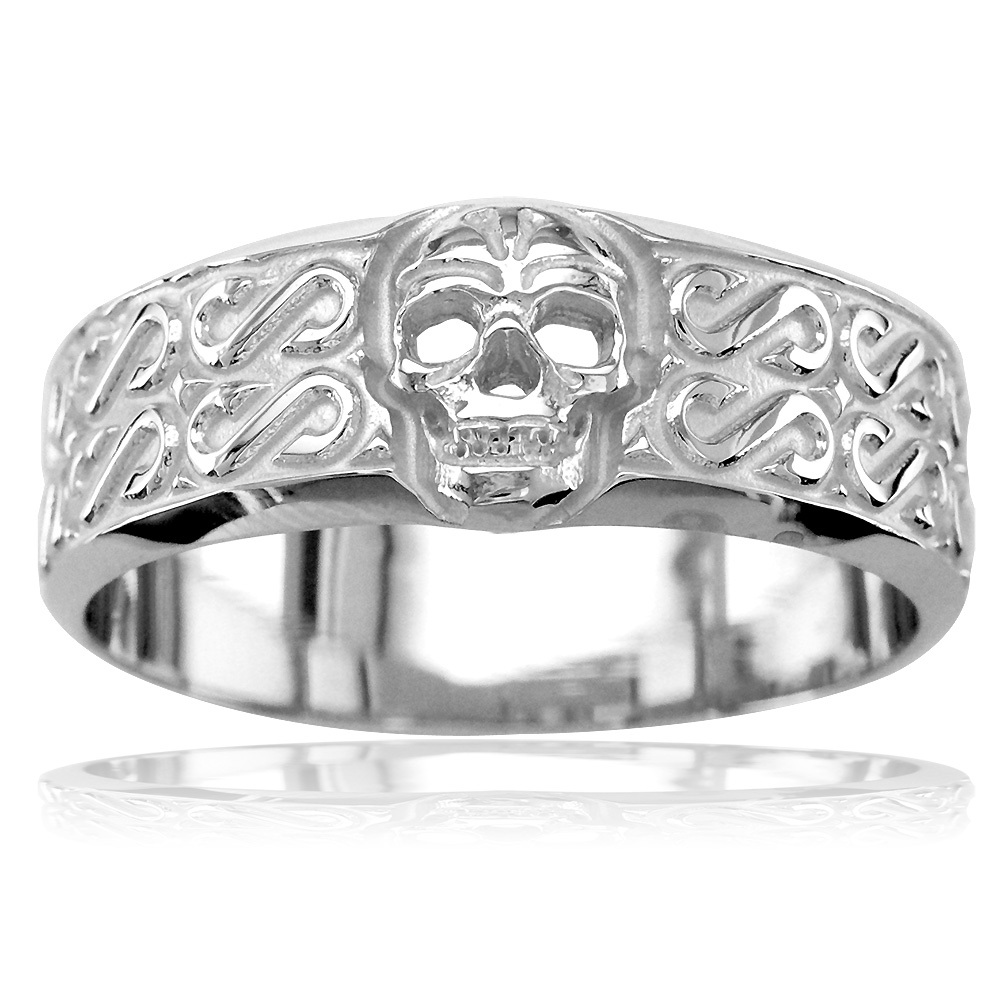 Mens Wide Skull Wedding Ring with S Pattern in 14K White