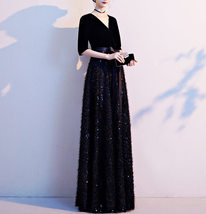 Women Half Sleeve Velvet Maxi Dress High Waist Formal Dress, Black, Plus Size image 3