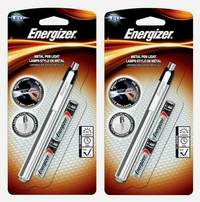 2pk~Energizer Gray METAL PEN LIGHT Clip 35 Lumen LED 16 hr Push Button PLED23AEH