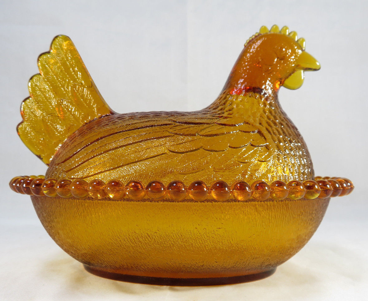 Vintage Indiana Glass Amber Hen Chicken On Nest Candy Dish Rare Indiana