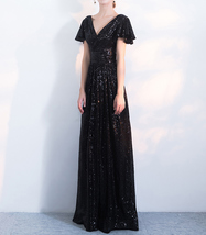 Women Sequin Maxi Dresses Cap Sleeve High Waist Maxi Sequin Dress Gold Red Black image 7