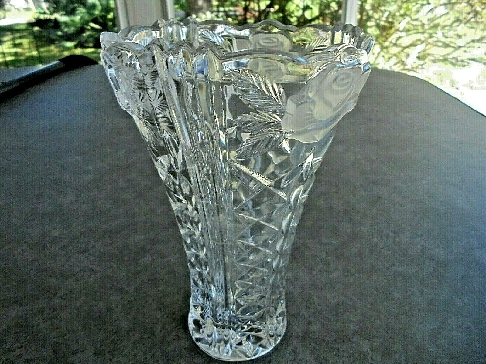 Crystal Flower Vase 8" Tall Frosted Roses Vases