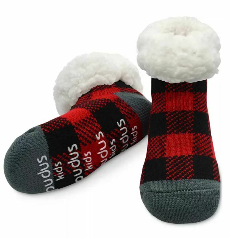 Primary image for PUDUS Lumberjack Red and Black Plaid White Furry Kids Slipper Socks NWT LE342