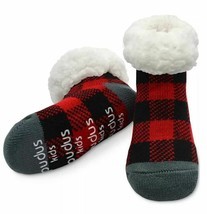 PUDUS Lumberjack Red and Black Plaid White Furry Kids Slipper Socks NWT ... - £6.34 GBP
