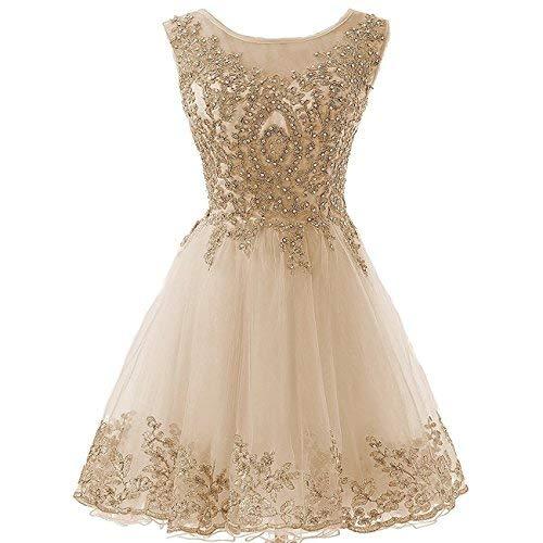 Plus Size Gold Lace Beaded Short Bateau Prom Dress Homecoming Gowns Champagne US