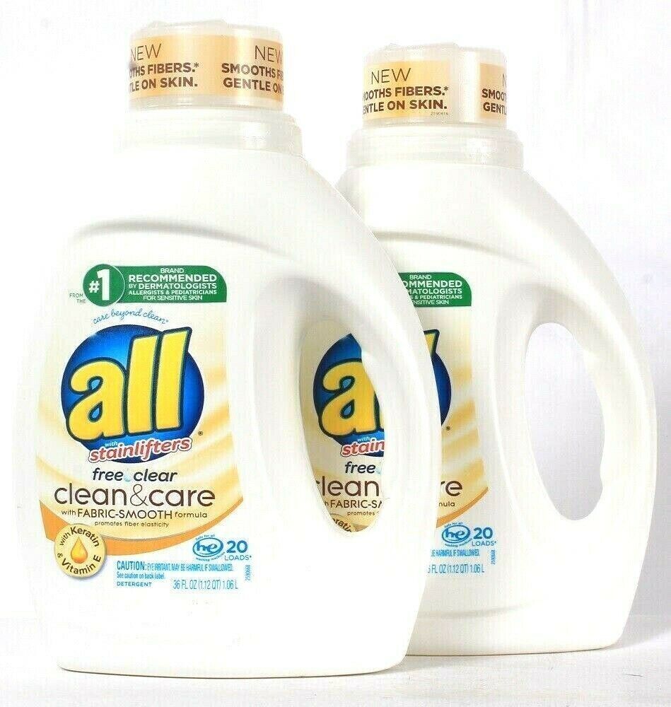(2) All With Stainlifters Free Clear Clean & Care Fabric Smooth Detergent 36 Oz