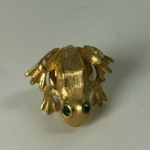 Avon Gold Tone Frog Lapel Pin Tie Tack Brooch Emerald Green Rhinestone Eyes - $12.86