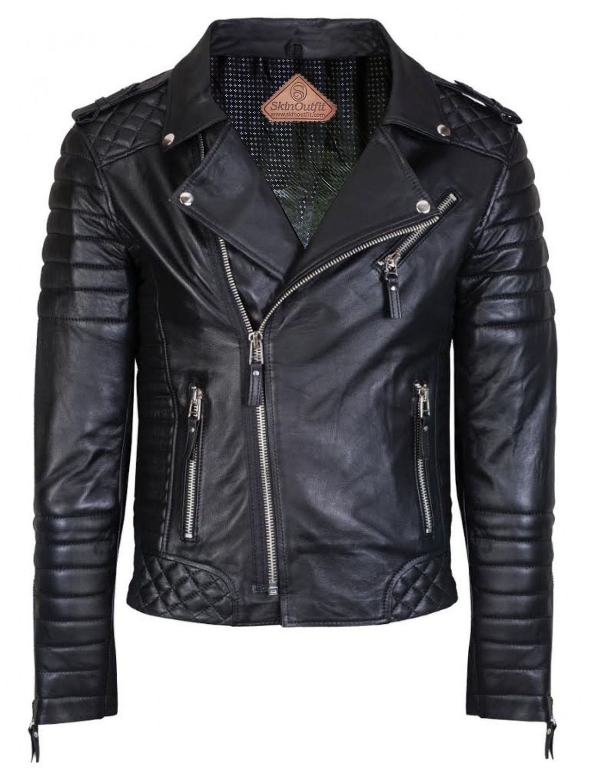 Mens Motorcycle Café Racer Biker Genuine Lambskin Leather Jacket Black