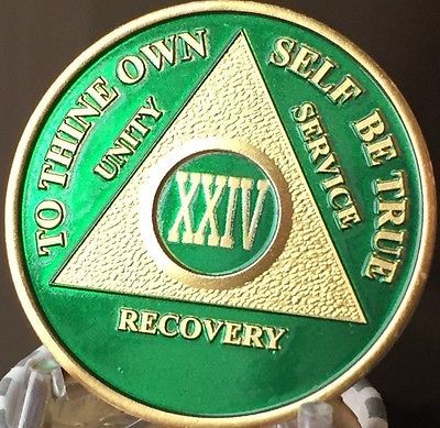 24 Year AA Medallion Green Gold Plated Alcoholics Anonymous Sobriety Chip Coin