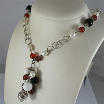 .925 RHODIUM SILVER NECKLACE, BLACK ONYX, CARNELIAN, AGATE, PEARLS, ROUND MESH. image 4