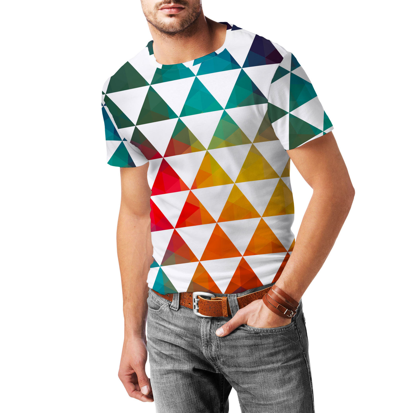 Geometric Triangle Rainbow Mens Cotton Blend T-Shirt - T-Shirts, Tank Tops