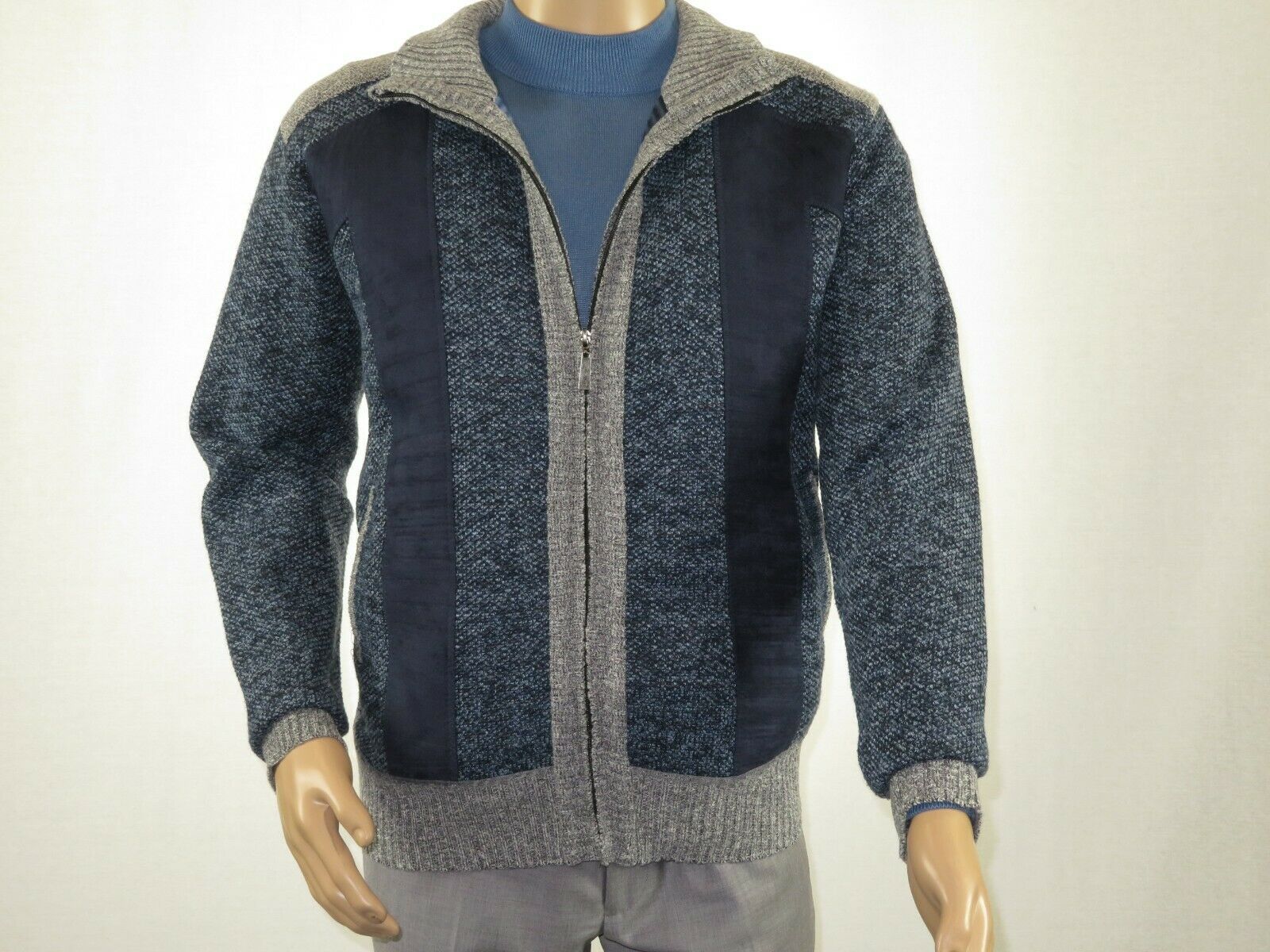 Download Men Inserch Sweater Jacket Mock neck Zipper up Micro Suede Fleece Trim 440 Denim