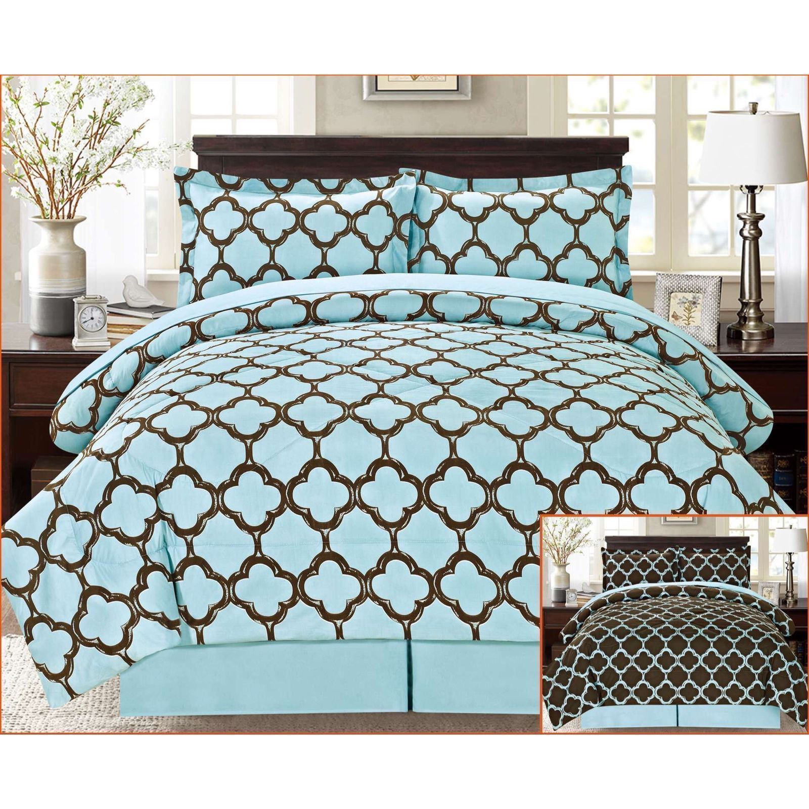 Queen King Bed Blue Brown Geometric Reversible 8 pc Comforter Sheet Set