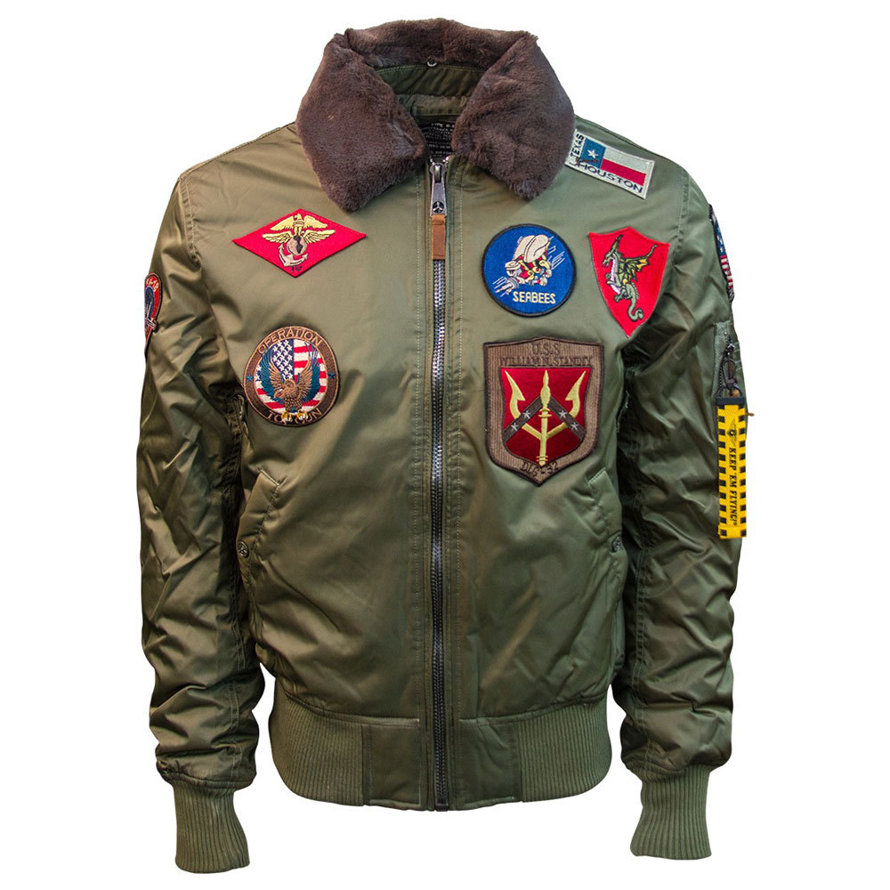 Top Gun Official B 15 Mens Flight Bomber Jacket with Patches Olive SIZE