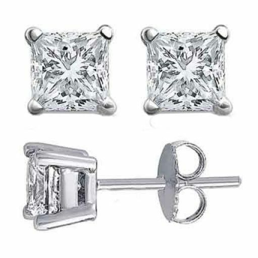 1.25CT Brilliant Princess Cut Solid 14K White Gold PushBack Stud Earrings