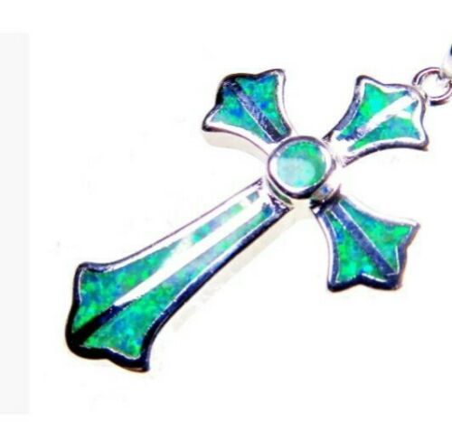 925 Sterling Silver Green Fire Opal Cross Pendant Necklace for Women [PEN-17]
