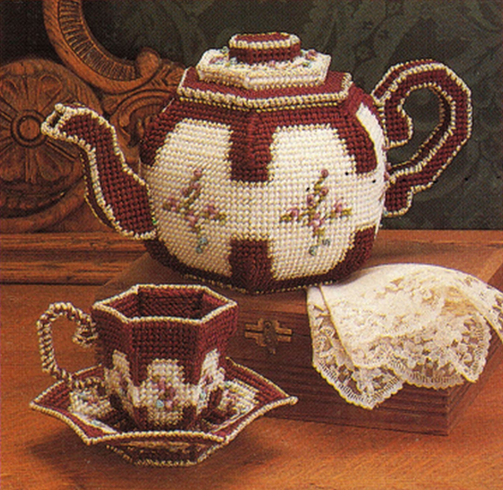 Plastic Canvas Collector's Tea Set Teapot Cream & Sugar Cup & Saucer